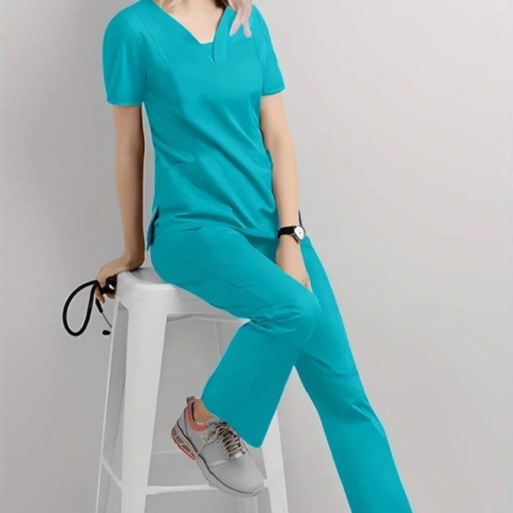 Two piece blue green scrub set short sleeve v neck size large - Picture 1 of 17